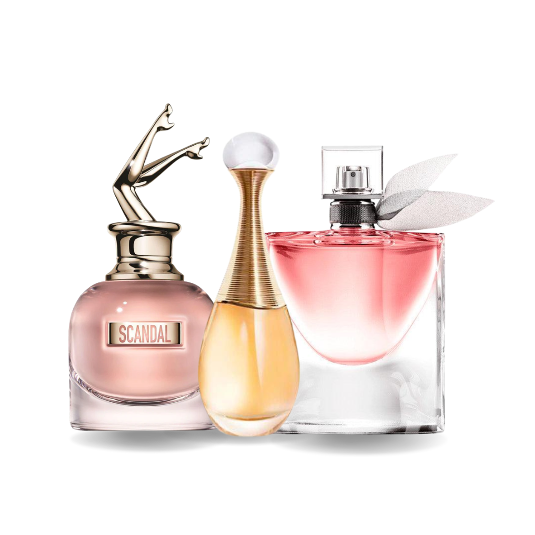 Combo aus 3 Damenparfums - Scandal von Jean Paul Gaultier, J'adore von Dior und La Vie Est Belle von Lancôme (je 100ml)
